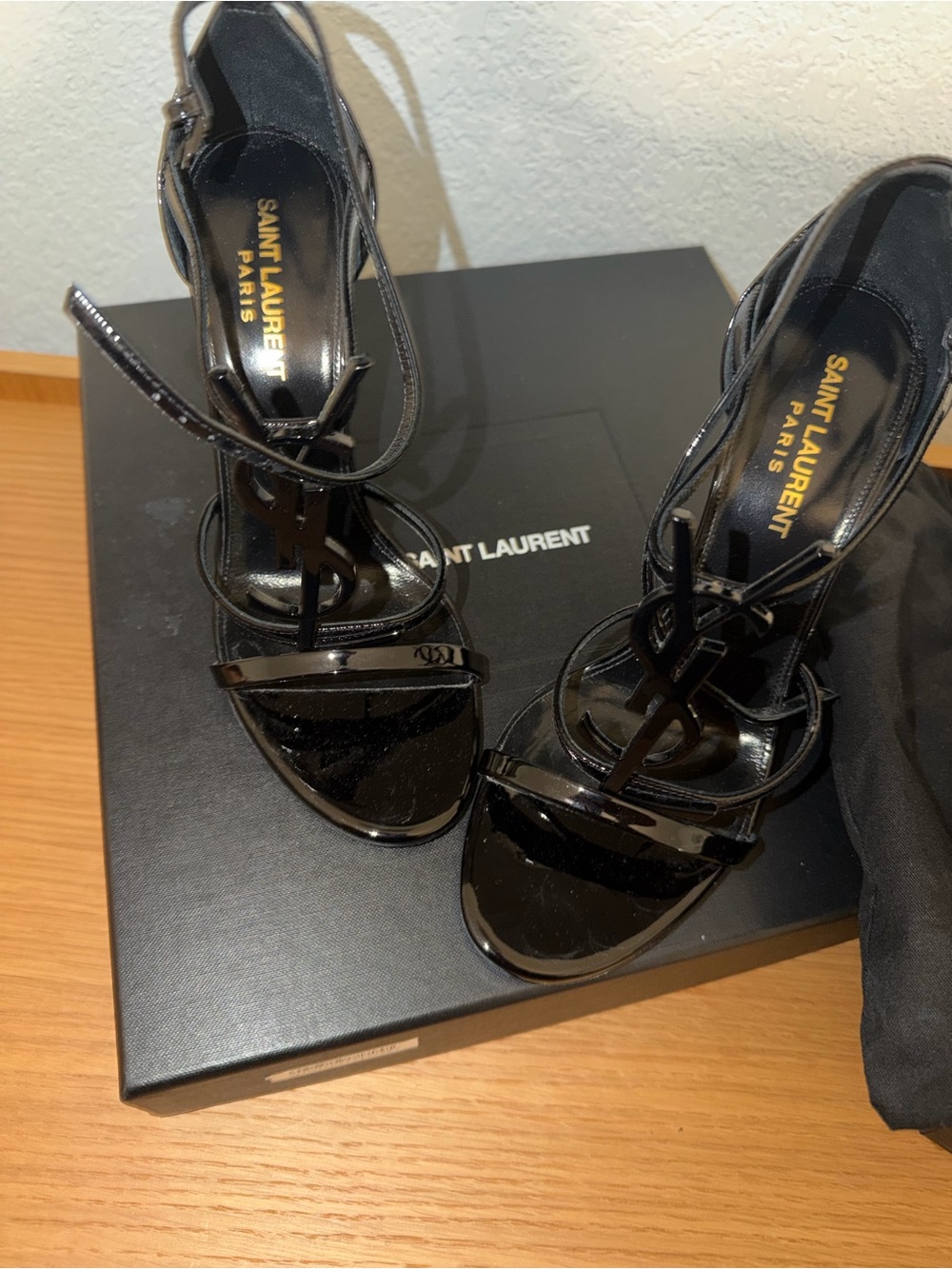 Saint Laurent Black Patent Logo-Strap Stiletto Sandals